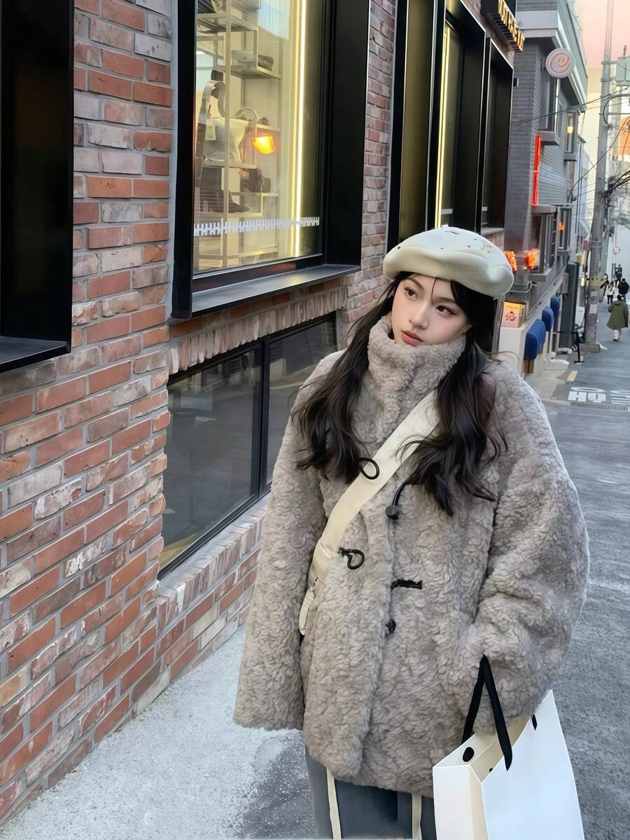 Women's Retro Faux Fur Jacket - Fashionable Short Style, Drop Shoulder Design, Single-Breasted, Horn Button, Solid Color Casual Jacket, Suitable For Autumn/Winter, Loose Fit, Winter Fashion, Retro Style, Fluffy Texture, Eye-Catching Item, Autumn Jacket, Elegant Design, Soft Touch, Fashionable Coat, For Women Vacation