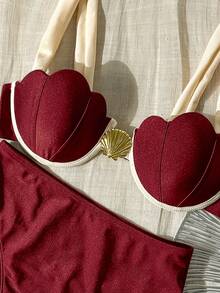 Bikinx Women's Summer Elegant Resort Shell Cups Contrast Binding Fine Edge Steel Ring Swimsuit - Redwood - View 5