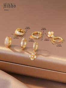 Hihho 6pcs/Set Zirconia Stone Earring Set, Floral & Heart Decor, Sweet & Lively Style, Clover & Hollow Pave Luxury, Simple Solid Hoop & Clover Pendant, Balancing Simplicity & Decoration. Dense Zirconia Inlay, Shiny, Suitable For Daily, Commute, Light Social Occasions - Gold - View 7