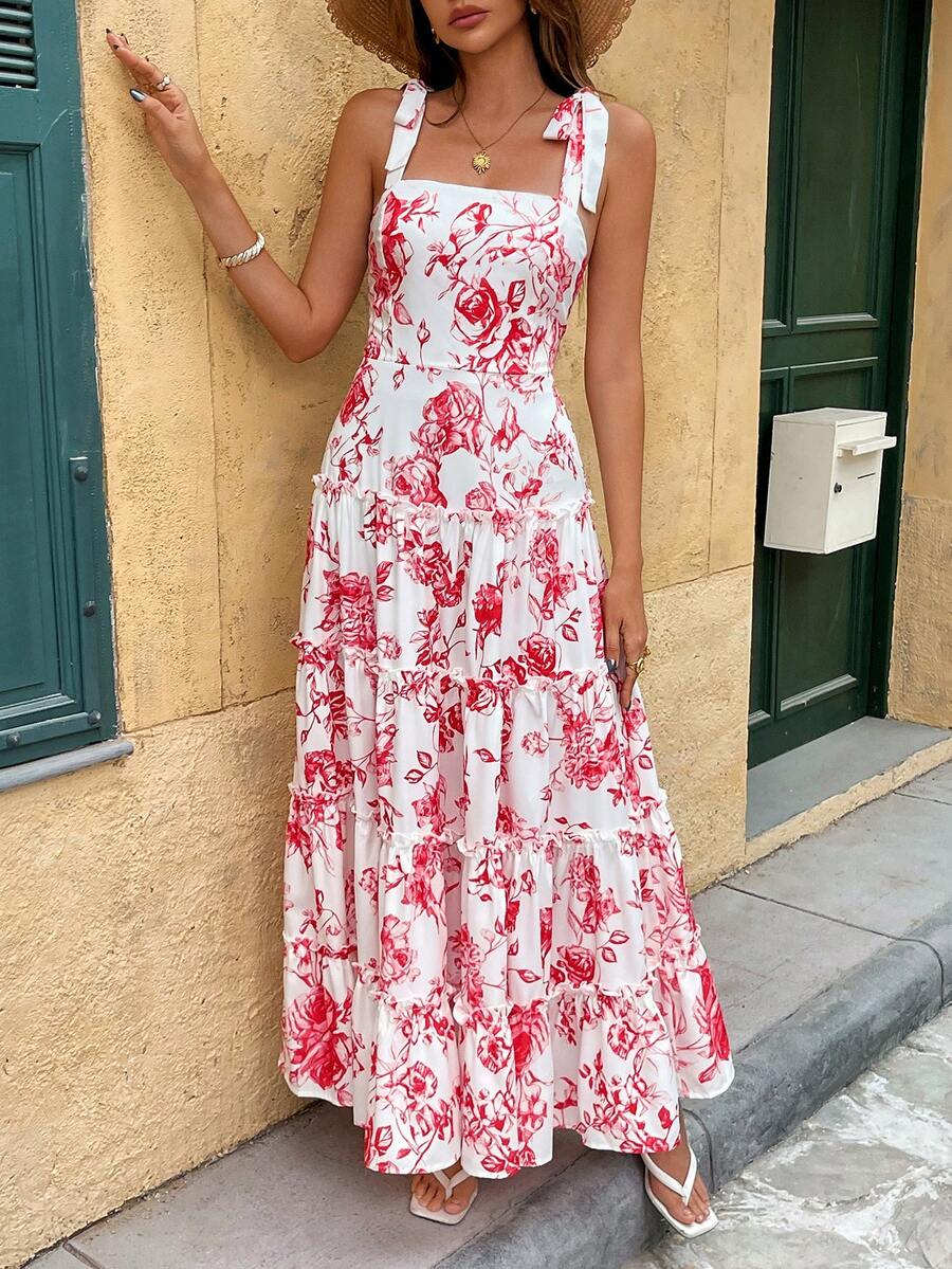 时尚女士标准尺码无袖休闲浪漫度假花卉印花吊带背心连衣裙 - 粉色 - 查看 1