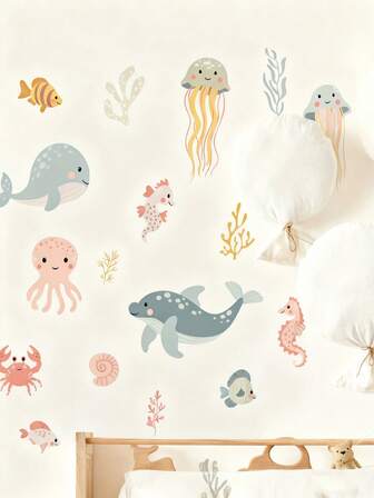 1pc Whimsical Ocean Creatures & Cartoon Animal Wall Sticker - Self-Adhesive PVC Decal With Soft-Toned Cartoon Fish, Jellyfish And Marine Life - Ideal For Teenager's Bedroom Or Living Room Decor, Teen Room Decoration | Playful Design | PVC Wall Sticker, Ocean Theme Decor