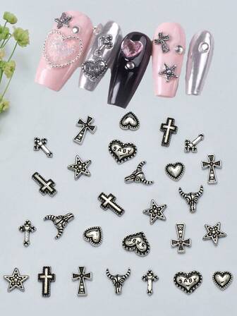 22 st gotiska nagelberlocker, slumpmässig blandning antikt silverkors, hjärta, rosett - 3D nagelkonstdekorationer