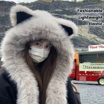 Thick Fluffy Fox Ear Hat And Scarf Set - Warm For Winter, Face & Neck Coverage, Cute Fox Ear Design, Lightweight Stretchy Fit, Suitable For Comfortable Winter Outfits (Clothing, Party, Casual) - Fashionable For Cold Weather