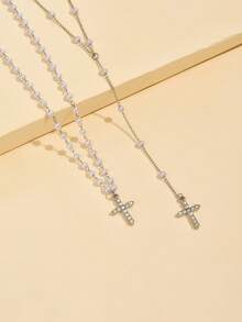 2件套手工玻璃水晶十字架吊坠仿珍珠项链，Y形时尚女式首饰，长度可调节，适合日常佩戴、外出和拍照 - 彩色 - 查看 2