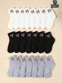 10双儿童长袜，心形蝴蝶结图案，豹纹印花，适合日常穿着，男女童款式随机搭配，儿童袜子 - 彩色 - 查看 5