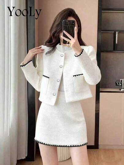 YooLy Spring Elegant Front Breast-Trimmed Pan-Brimmed Pocket Tops And Skirts Set Of Two ,Coloured Contrasting ﻿