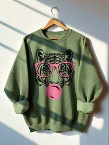 1Pcs,Women's Autumn Tiger Pattern Round Neck Sweatshirt, Casual Loose Multi-Functional Festive Style Top, Suitable For Daily Wear, Autumn Women's Clothing, Fashion Winter. Pullover,Cotton,Cozy,Winter Clothes For Women,Crewneck,Graphic, Christmas Gifts,Sweatshirt Women New Years - Light Green - 查看 1