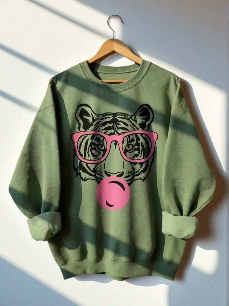 1Pcs,Women's Autumn Tiger Pattern Round Neck Sweatshirt, Casual Loose Multi-Functional Festive Style Top, Suitable For Daily Wear, Autumn Women's Clothing, Fashion Winter. Pullover,Cotton,Cozy,Winter Clothes For Women,Crewneck,Graphic, Christmas Gifts,Sweatshirt Women New Years - Light Green - 查看 1