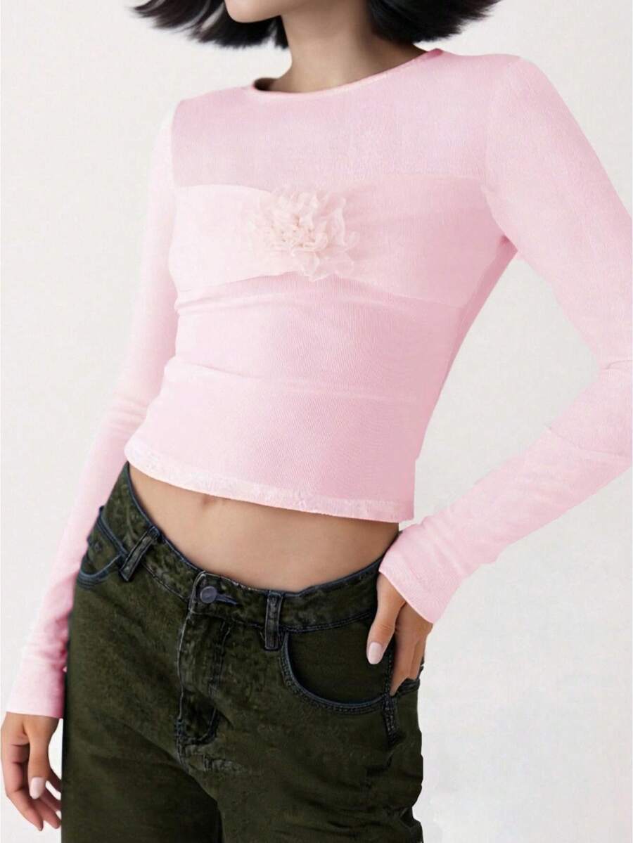 Women Long Sleeve Tops Slim 3D Flower Round Neck Crop T-Shirts  Fall Streetwear - 粉色 - 查看 1