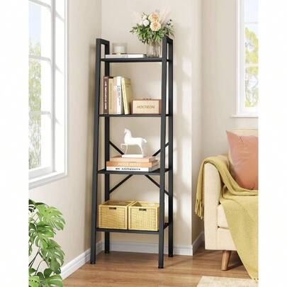 4 - Tier Industrial Ladder Bookshelf, Narrow Ladder Shelf, Tall Standing Bookshelf, Open Ladder Shelf, Living Room, Home Office, Kitchen, Bedroom, Metal Frame, Black