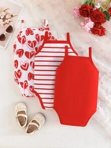 Set de 3 piezas de pelele sin mangas con estampado de corazones a rayas para bebé niña, para verano - Rojo - Ver 2