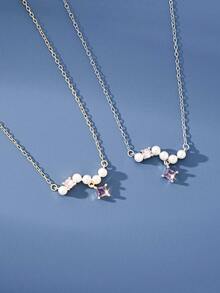 1pc S925 Sterling Silver Geometric Pearl & Zirconia Decor Necklace For Women - one-size - View 6