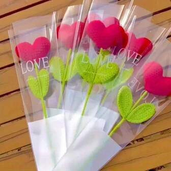 6pcs Handmade Crochet Heart-Shaped Flower Bouquet, Yarn Handmade Heart-Shaped Flower With Green Roots, Perfect For Valentine's Day, Mother's Day, Graduation Ceremony, Thanksgiving, Birthday Gifts, And Special Occasions Gifts, Home Decoration, Simulated Flower Bouquets, Finished Hand Woven Flowers, Teacher's Day Bouquets, Finished Gifts, Knitted Red Heart Bouquets, Graduation Season Gifts