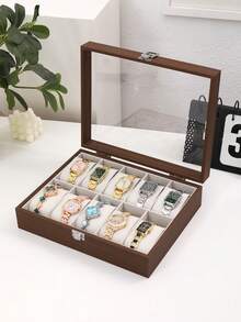 Nueva caja de almacenamiento y exhibición de relojes de madera de nogal, disponible en múltiples estilos: 3/5/6/10/12 ranuras, tapa de vidrio con ventana, caja de colección de relojes de gran capacidad, vitrina para el hogar u oficina, regalo ideal para ocasiones especiales - Marrón - Ver 5