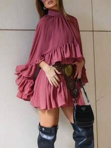 Chiffon Cape For Women Mock Neck Sheer Mesh Shawl Wraps Asymmetrical Flowy Ruffle Capelets For Evening Crop Cover Up Poncho - Red Violet - View 3