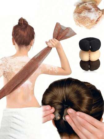 1 st. rosa afrikansk mesh exfolierande lång badhandduk + 2 st. svarta hårkrullar, dubbelsidig design, kan skonsamt eller grovt exfoliera, rengör effektivt kroppens hud, lämplig för rengöring av ryggen i duschar, högkvalitativt meshmaterial, bekväm handduksdesign med remmar, luffa mesh badhandduk, kroppssvamp, gör huden len och mjuk, mycket lämplig för daglig användning, badrumsinredning i hemmet