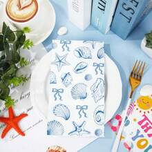 D50Pcs Ocean Guest Napkins Blue Bow Starfish Seashell Disposable Paper Napkin Coastal Beach Dinner Hand Towel Napkin For Bathroom Summer Wedding Party Table Plies - Màu xanh lam - Xem 3