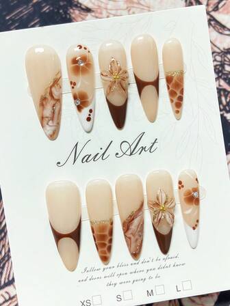 1 Piece Of Handmade Press-On Nail Art. False Nails. Long Nails, Classic French Style, 3D Hand-Molded Floral Decoration, Marble Pattern, High-End Quality, Reusable. Suitable For Everyday Wear Or Special Occasions.