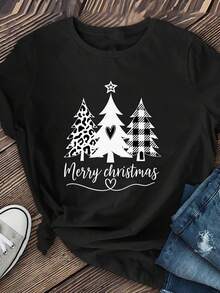 Camiseta de Mujer con Estampado de Árbol de Navidad - Diseño Moderno Navideño en Blanco y Negro con Patrones de Cuadros y Jirones de Leopardo, Tejido Transpirable Suave de Elasticidad Media, Top Casual de Manga Corta con Cuello Redondo, Lavable a Máquina, Opciones Multicolor para Primavera, Verano y Otoño - Oscuro - Ver 2