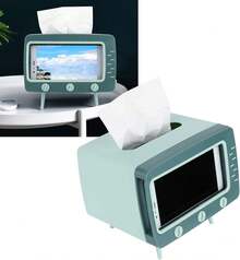 Dispensador de Caja de pañuelos Retro, desechable de Escritorio, Almacenamiento de pañuelos faciales, con Forma de TV con Soporte para teléfonoóvil, para baño, Dormitorio u - 1 - Ver 3
