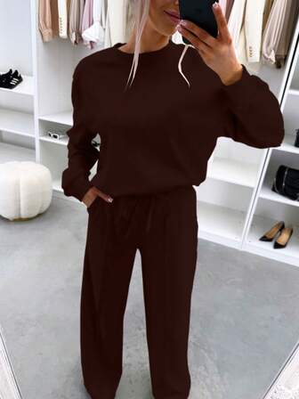 2pcs Women's Fashion Casual Loungewear Set - Round Neck Long Sleeve Top + Elastic Waist Pleated Wide Leg Pants, Quick Ship