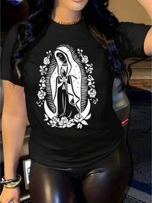 Women's New Style Women's New Style New Religious Spanish Prayer T-Shirt Virgin Mary And Our Lady Of Guadalupe Design Loose Round Neck Short Sleeve Top Breathable Pink And Black Casual Christian Clothing Suitable For Daily Wear And Pilgrimage Floral Prayer Pattern Machine Washable Comfortable Fit Spring And Summer Wear Ribbed Edge Relaxed Fit Light Beige AndBlack,MediumStretchFabric,DigitalPrint,Non-PaddedHoodedStyle,SpiritualFashion,PilgrimageClothing,MediumStretchMaterial,Faith-BasedClothing - trắng - Xem 6