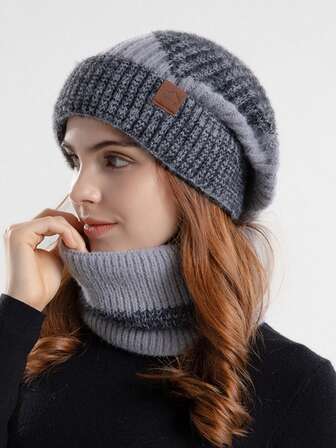 Damset med två delar, mössa och halsduk / enkel mössa / tjock, varm och öronskyddande stickad mössa i två färger, höst-/vinteroutfit för kallt väder, alla hjärtans dag-present