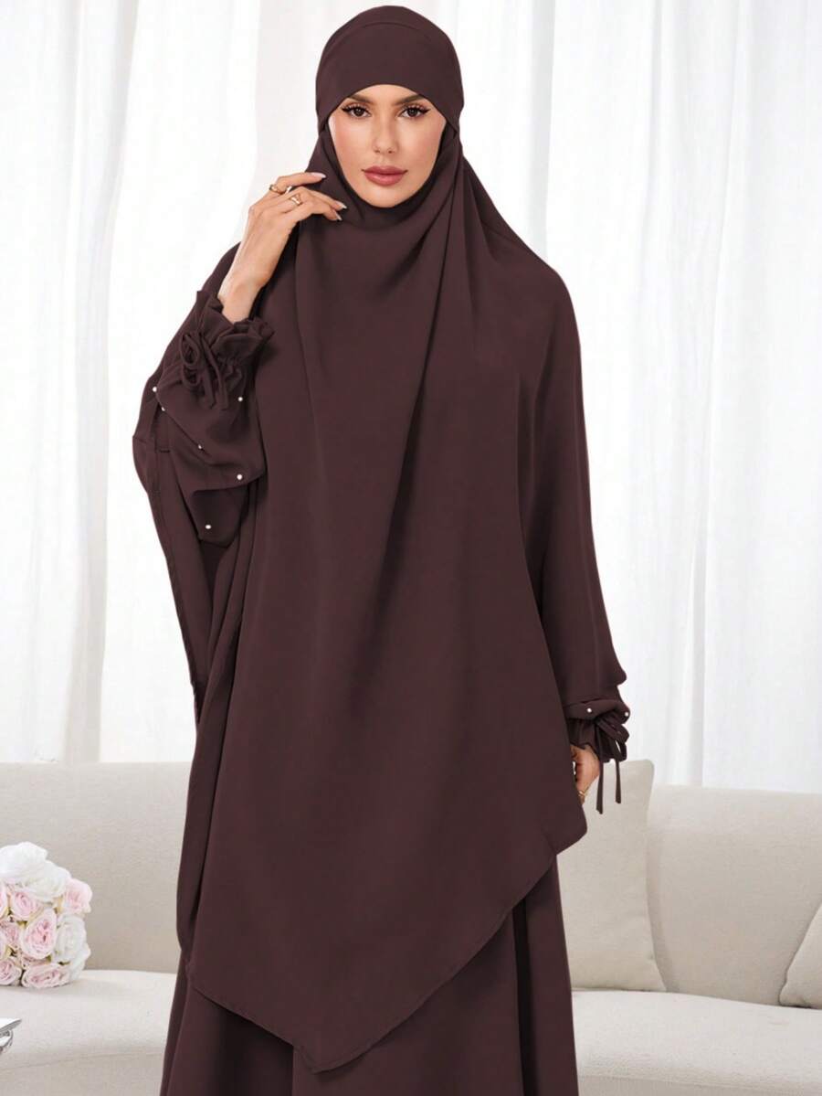 مجموعة حجاب + عباية مسلمة 2 قطعة، قماش نيدا أحادي اللون، لطيف على البشرة وقابل للتنفس، خمار طويل مزدوج الطبقة، مناسب للنساء المسلمات للارتداء اليومي والصلاة، جميع الفصول