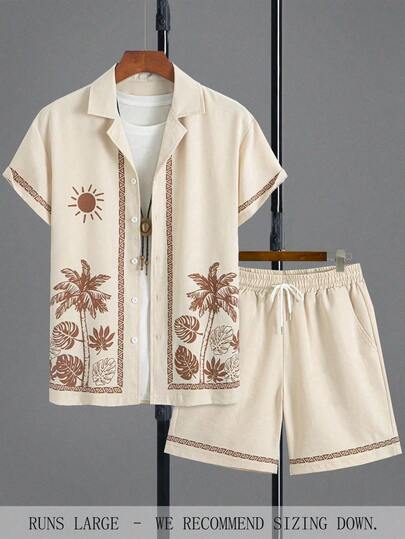 Men's Casual Fashion Outfit 2 Pieces Set: Short Sleeve Button-Down Shirt & Shorts, Relaxed Vacation Style, Fashionable & Versatile, Cozy Outfits