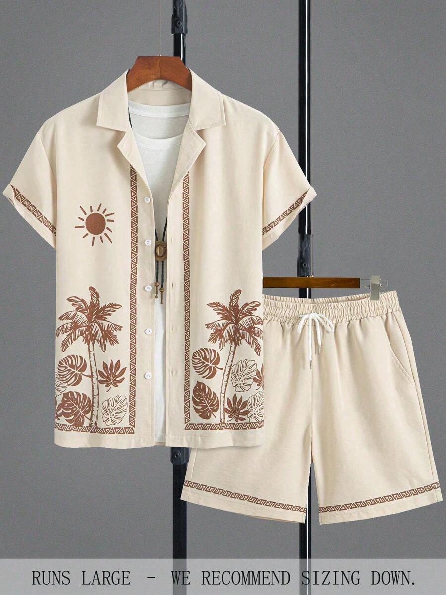 Men's Casual Fashion Outfit 2 Pieces Set: Short Sleeve Button-Down Shirt & Shorts, Relaxed Vacation Style, Fashionable & Versatile, Cozy Outfits