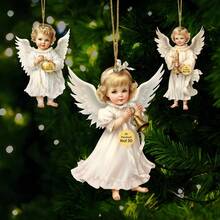 12pcs Angel Wooden Hanging Ornaments - White Angels With Golden Bells & Ribbons, Perfect For Home, Window, Fireplace, And Party Decor, Festive Spring & Country Style, Ideal Gift For Celebrations, Party Ornament | Angel Design | Wooden Construction, Angel Decor