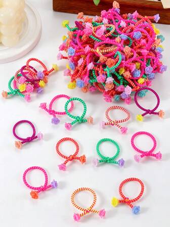 30 Stücke Neon-farbige gestreifte Rose Perlen Haargummis, süß & nicht schädlich elastische Haarbänder, geeignet für Mädchen, Party & täglichen Gebrauch Haaraccessoires