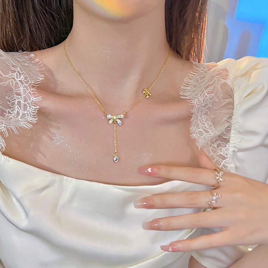 1pc Women's Titanium Steel Gold Butterfly Necklace With Bowknot Tassel Pendant, Delicate Design With Elegant Vibe - Multicolor - View 1