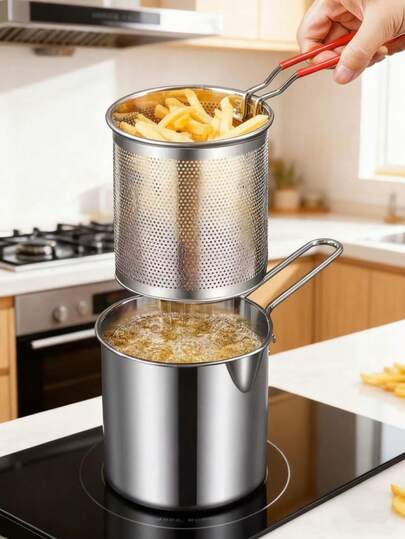 1 st. fritös i rostfritt stål, liten oljepanna för hushållet, liten fritös med filter, induktionsspis, mini oljebesparande liten fritös, pommes frites, kyckling, risblomma, kycklingnuggets, oljebesparande oljeförvaringspanna med filter, stekpanna, fritös med stekkorg, praktisk liten