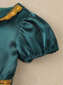 Young Girls Satin Puff Sleeve Dress, Olive Green With Gold Trim Waist Princess Party Dress - Dark Green - View 5