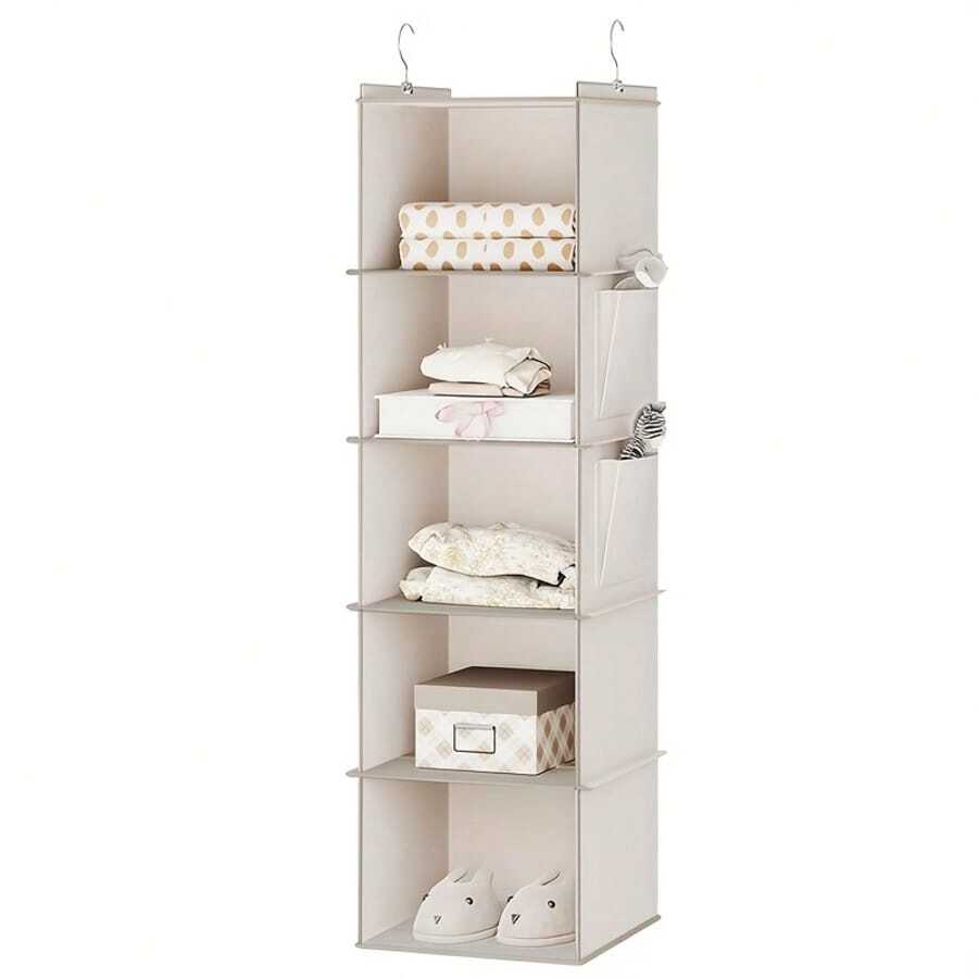 1-Piece Multi-Tier Hanging Storage Rack - 5-Tier Durable Clear Shelves Wardrobe Organizer With Hanging Hooks For Clothes, Shoes, Toys - Space-Saving Multifunctional Room Storage (Matte Finish) - Beige - View 1
