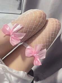 1 Pair Of Sexy Bow-Decorated Long Socks For Women, Cute Pink Over-The-Knee Socks Cosplay Student Thigh Socks, Suitable For Parties, Clubs, Role-Playing, Dance Parties, Music Festivals, And Daily Wear - 白粉紅色 - 查看 2