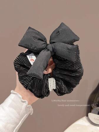 1个复古蝴蝶结串珠发圈，女士马尾辫发圈，新款弹力发绳，优雅涤纶卷发绳，秋冬季，发圈