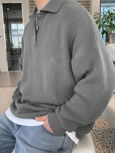 新款韩版宽松Polo领毛衣男士，休闲针织套头衫，复古罗纹领，春秋冬季