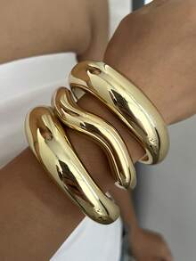 3/1pc Vintage Minimalist Wavy Acrylic & Resin Material Bangle Bracelet Set, Suitable For Women's Daily Wear, Stackable, Perfect Gift For Holidays - Gold - View 2