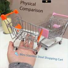 Mini Stainless Steel Look Realistic Shopping Cart Toy, Cute Desktop Decor