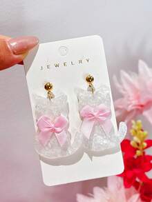 1 Pair Cute Acrylic Bling Bling Earrings, Lovely Pink Bow & 3D Sequin White Kitten Earrings, Elegant Earrings Gift For Women - Multicolor - View 3