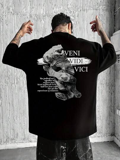 Men's Abstract Sculpture Portrait Printed Black Short Sleeve Cotton T-Shirt