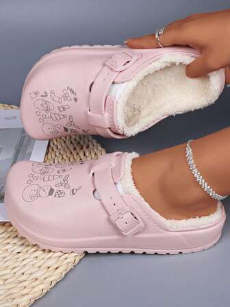 Pantuflas cómodas y cálidas para mujer para exteriores, con elementos navideños, diseño slip-on, punta redonda, plana, hebilla ajustable, suela de EVA, forro de tela, adecuadas para zapatos casuales de invierno