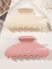 2件套 优雅ABS塑料粉色和米色甜美半圆形大号发爪 复古百搭发饰，秋冬优雅发夹 时尚发饰 优雅爪夹 - 2件套裝-粉紅白半圓 - 查看 4