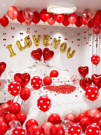 8/10/80pcs "I Love You" Balloon Set, Includes 18-Inch Heart Shaped Balloons, Multicolor Confetti Balloons, Red Rose Petals, Red Heart Hanging Decorations, "I Love You" Decor Suitable For Anniversary, Confession, Proposal, Wedding, Valentine's Day, Romantic Special Night Decoration, Engagement, Happy Valentine's Day, Sweet Home, Love, Hug, Kiss, Queen, King