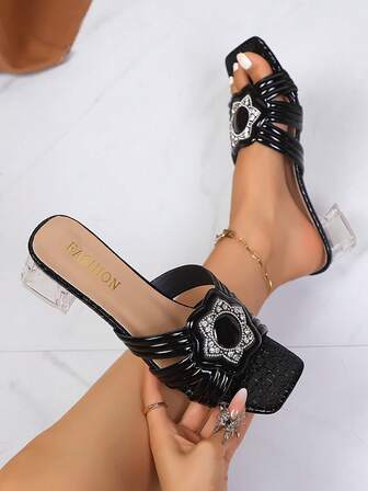 Women's Transparent Strap Multi-Color Rhinestone Butterfly, Coral, Pearl Square Toe High Heel Sandals, Elegant Versatile New Design