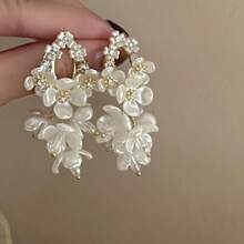 Acrylic Magnolia Teardrop Dangle Earrings - Gold-Plated CZ & Faux Pearl | Hypoallergenic Women's Jewelry Gift For Birthdays/Weddings/Valentine's Day - Multicolor - View 8