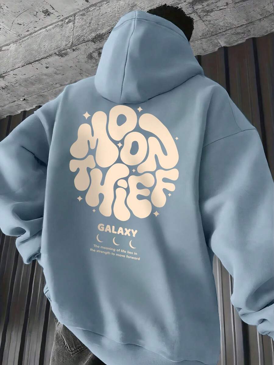 Men's Casual Fashionable Versatile Daily Commute Letter Graphic Print Kangaroo Pocket Drawstring Hoodie, Autumn/Winter - Baby Blue - View 1
