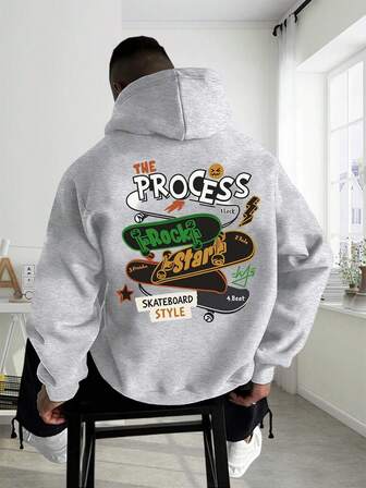 1pc Plus Size Men's Hooded Gray Sweatshirt, Thermal Lined Thick Hoodie With Skateboard Print, Casual Outdoor Wear For Autumn/Winter